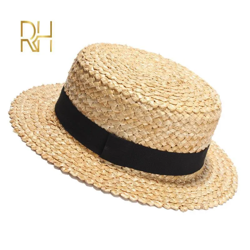 Summer Female Natural Stiff Wheat Straw Boater Fedora Top Flat Hat Women Beach Flat Brim Cap With Red Navy Stripe Ribbon RH 220513302O