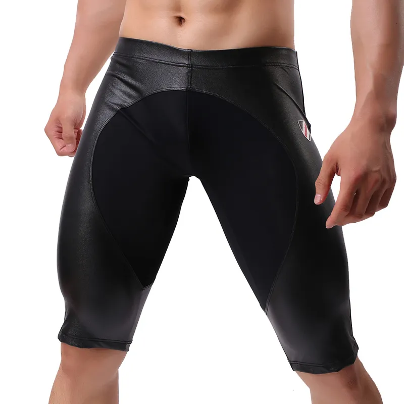 Men Board Shorts Faux Leather Fitness Swimsuit Swimwear Tight Male Trunk Beachwear 220425