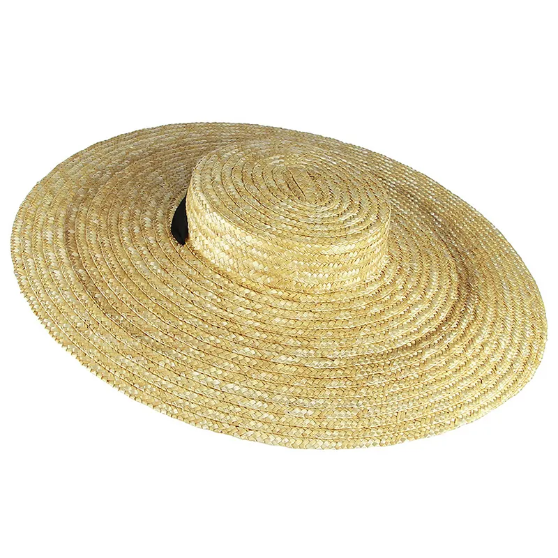 Women Raffia Wide Brim Boater Hat 12/15/18cm Straw Flat Summer With White Black Ribbon Tie Sun Beach Cap 220427