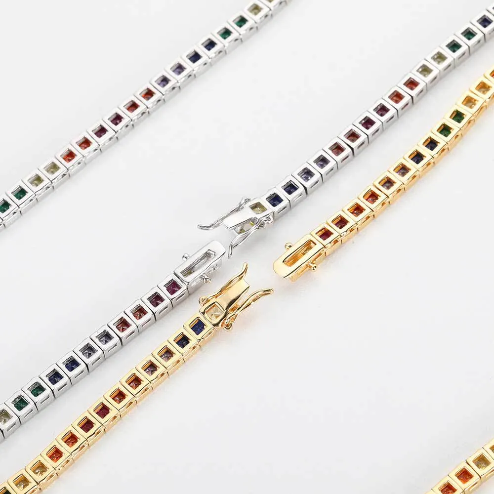 Eenvoudige hiphopketting sieraden 4 mm kleur tennisketting koper ingelegd kleur vierkant zirkoon hipster bracelet235w