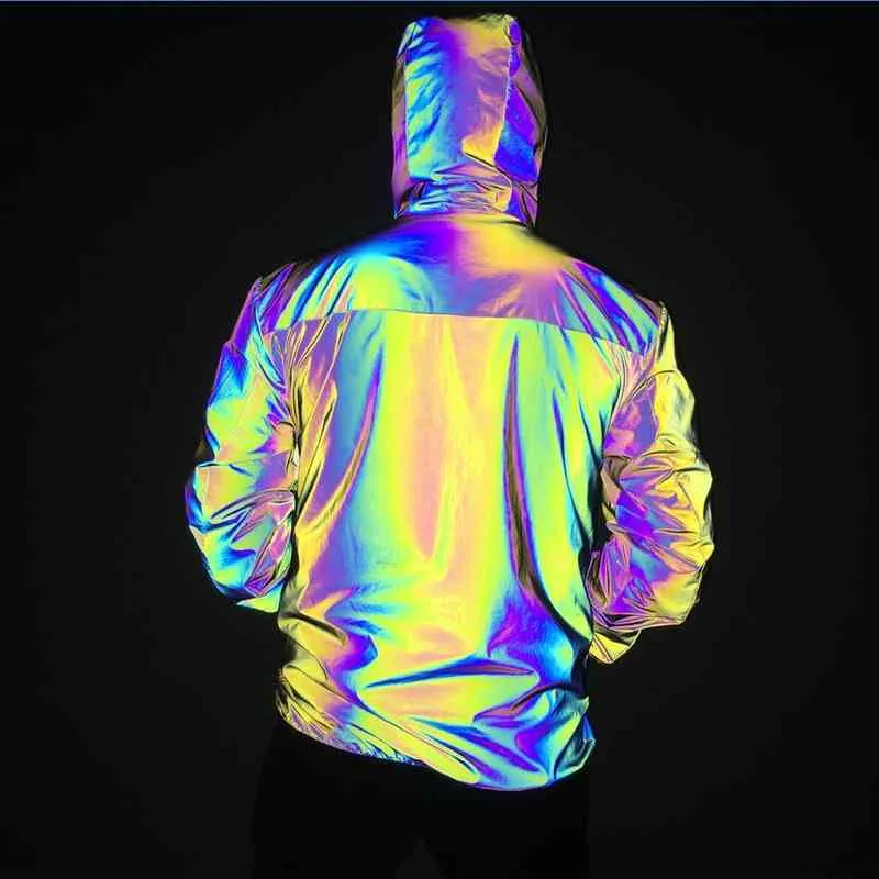 Parklees Mens Rainbow Reflecterende Hooded Jacket 2022 Merk Rits Noctilucent Night Sporting Coat Hip Hop Fluorescerende kleding