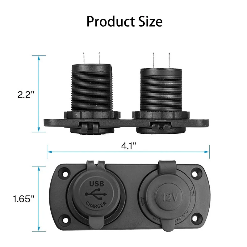 Dual USB Charger Socket 12V/24V Power Outlet Waterproof Cigarette Lighter Socket for Rocker Switch Panel Car Marine Boat UTV ATV