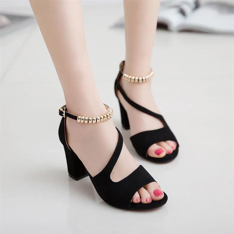 Primavera sexy pez hueco palabra gruesa romana con tacones altos con cuentas verano Sexy sandalias femeninas 220701