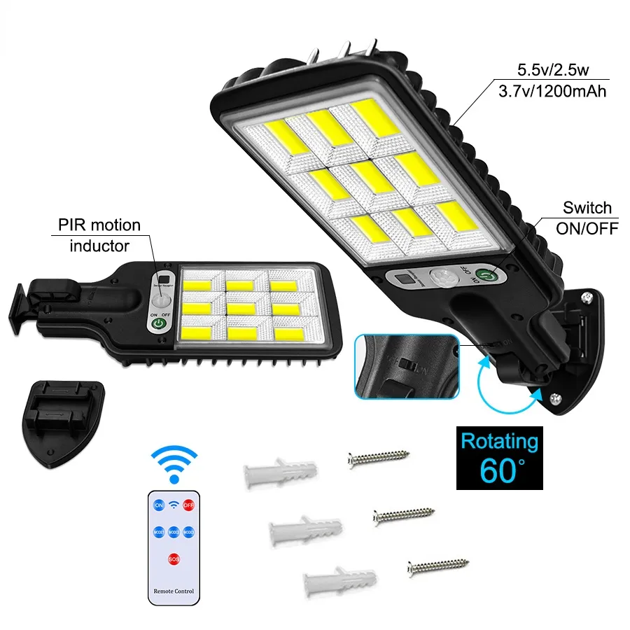 Solar Street Light Lanternas portáteis Lâmpada de parede ao ar livre 3 Modos Modos Pir