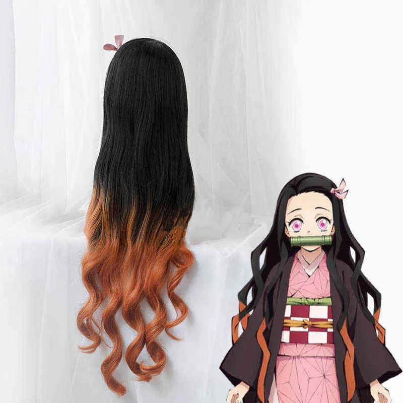 Anime Demon Geen Nezuko Pruik Lange Hittebestendige Synthetisch Haar Perucas Cosplay Pruiken en Pruik Cap L2208025821049