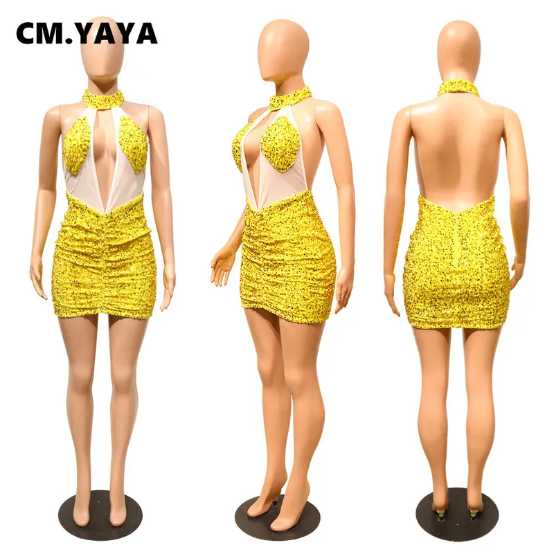 CM.YAYA Damen-Kleid mit Pailletten, Netzstoff, durchsichtig, Ausschnitt, rückenfrei, Neckholder, Midikleid, sexy Nachtparty, figurbetont, geraffte Krawattenkleider 220516