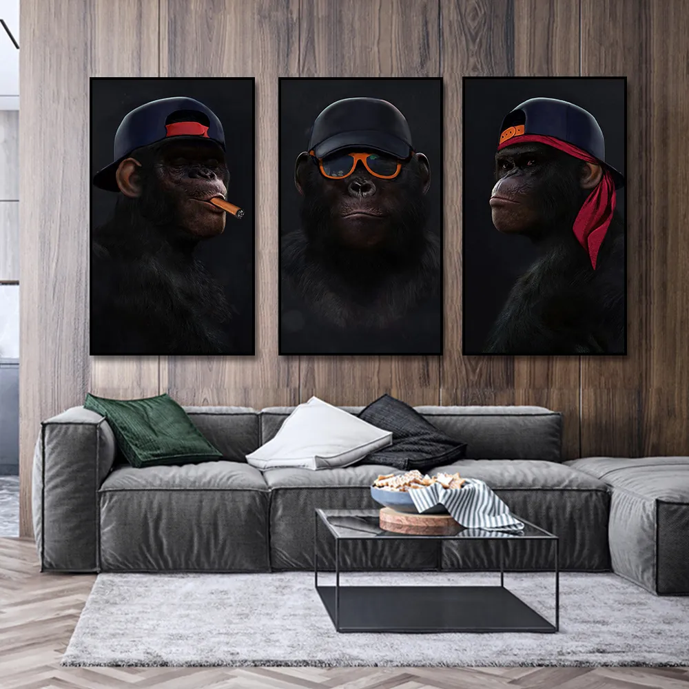 Czarny wystrój ściany zabawny malarstwo zwierząt gorylowe obrazy olejne plakaty ścienne plakaty 3 mądre małpy do dekoracji ściennej w salonie
