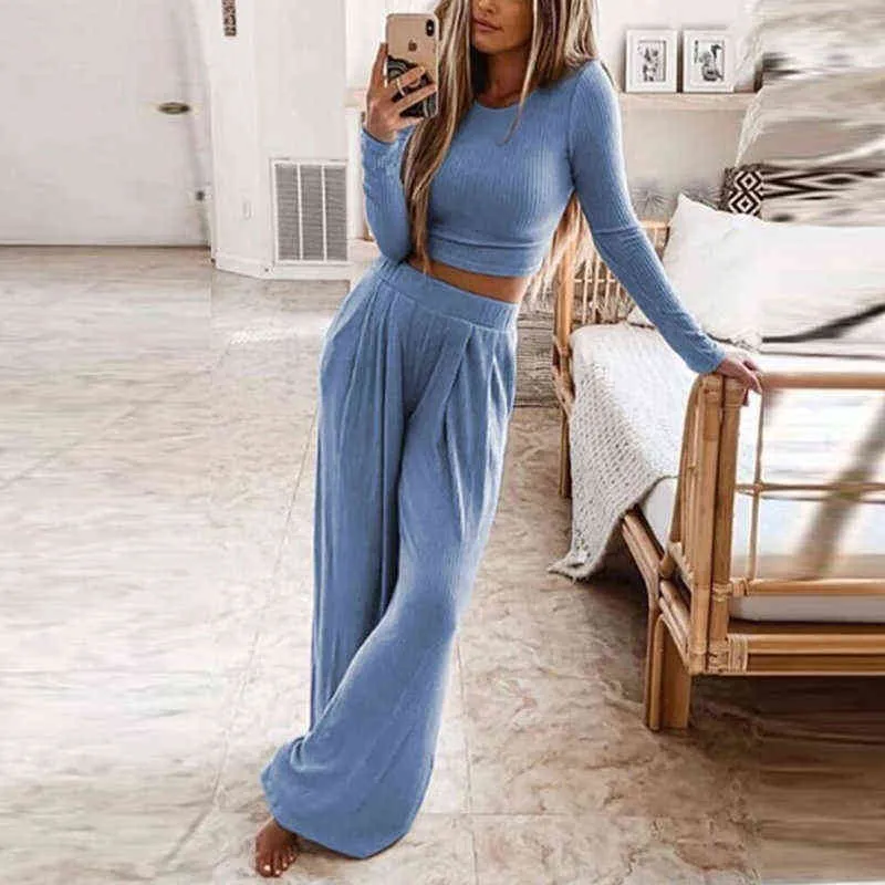 Kvinnor Casual Knitted Rib Two-Piece Set 2020 Autumn Lads LongeChes Topslong Pants Elegant O-Neck Solid Color Leisure Suit T220729