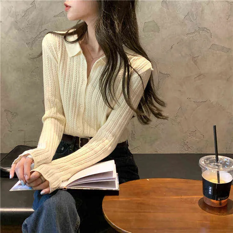 Autumn Women's White Cardigan Sweater 2022 Polo Collar Long Sleeve Sticked Top Single Breast T220824