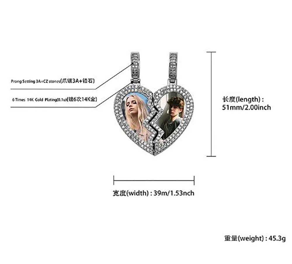 커스텀 메이드 남성 여성을위한 1 페어 하프 하트 포 펜던트 목걸이 발렌타인 선물 입방 선물 입방 힙합 보석 222y