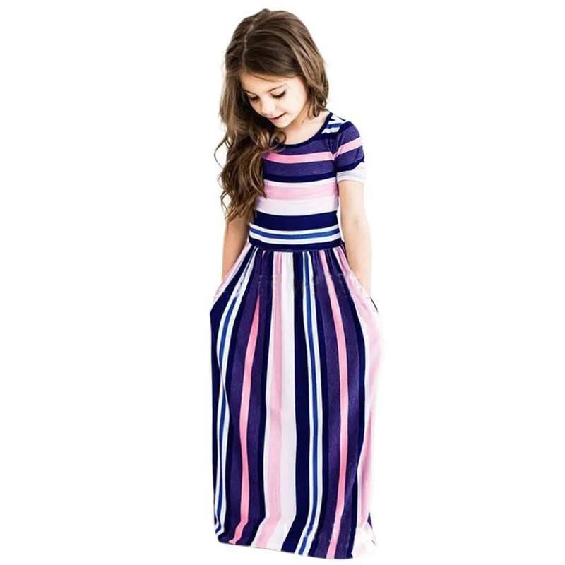 Vestido longa com estampa listrada para bebês meninas meninas de manga curta vestido boêmio para crianças roupas de algodão de algodão vestido de praia 220521