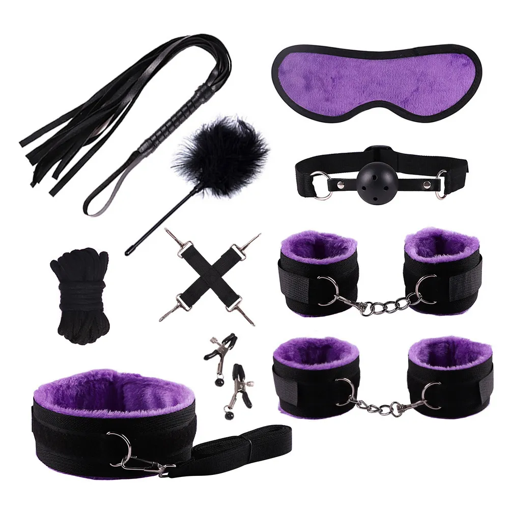 Algemas de pelúcia bondage produtos sensuais para jogos adultos BDSM restrição tornozelo algemas grampos de mamilo corda PU chicote preto conjunto de 10 peças