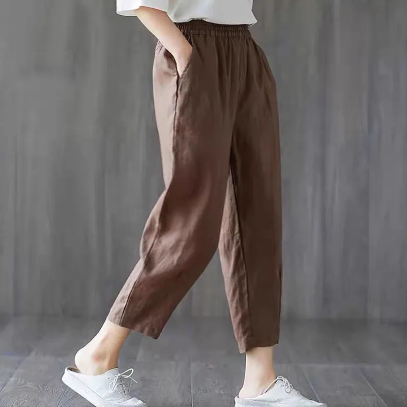 Rimocy Katoen Linnen Broek Vrouwen Lente Zomer Effen Kleur Harem Vrouw Elastische Taille Losse Casual Broek Dames 220725