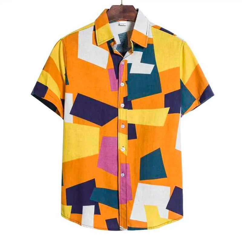 Czarny geometryczny nadruk bawełniany koszulka lniana mężczyźni 2022 marka krótkiego rękawu hawajskie koszule plażowe mężczyźni harajuku streetwear odzieży 5xl L220704