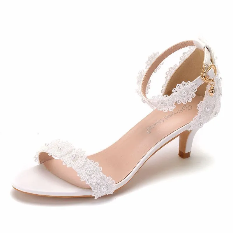 Summer Ladies Lace Flower Wedding Shoes Bridal Sandals Women's Stiletto White Heels Female Princess Sandal For Women Bride A0002 220516