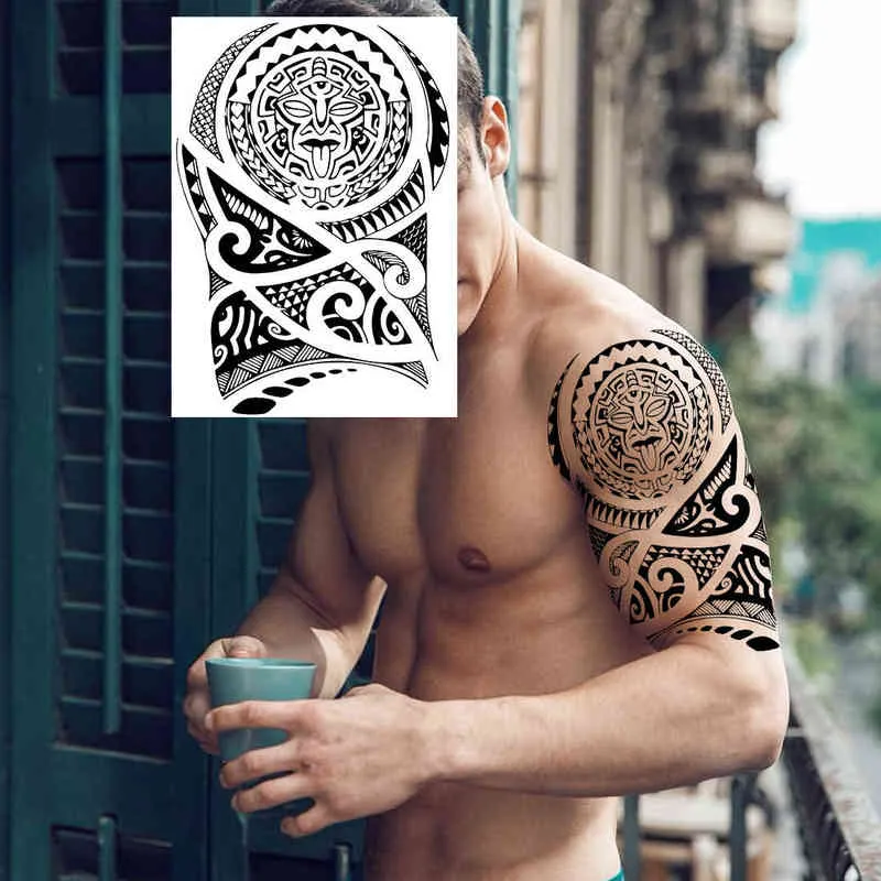 NXY Temporary Tattoo Black Maori Sleeve Tattoos for Men Women Fake Body Art Drawing Full Arm 3d Wolf Dragon Military Tatoos Show 0330