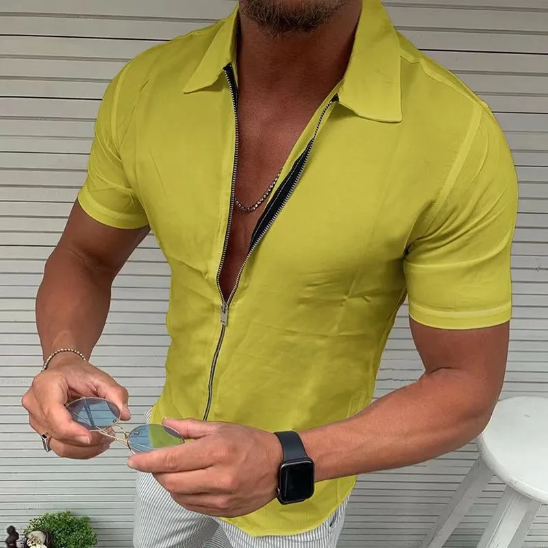 Camisas masculinas mass de verão moda simples cor sólida coloração casual manga zíper de zíper Cardigan 220706
