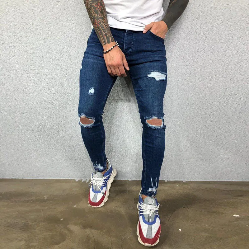 Männer Jeans Knieloch zerrissene Stretch Skinny Denimhose Feste Farbe Schwarz Blau Herbst Sommer Hiphop Stil Slim Fit Hose S4XL 220803