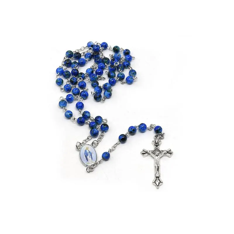 Naszyjniki wiszące katolickie chrześcijańskie granatowe kryształowe koraliki Virgin Mary Inri Crucifix Cross Rosary Naszyjnik religijny Chrzest żyd241e