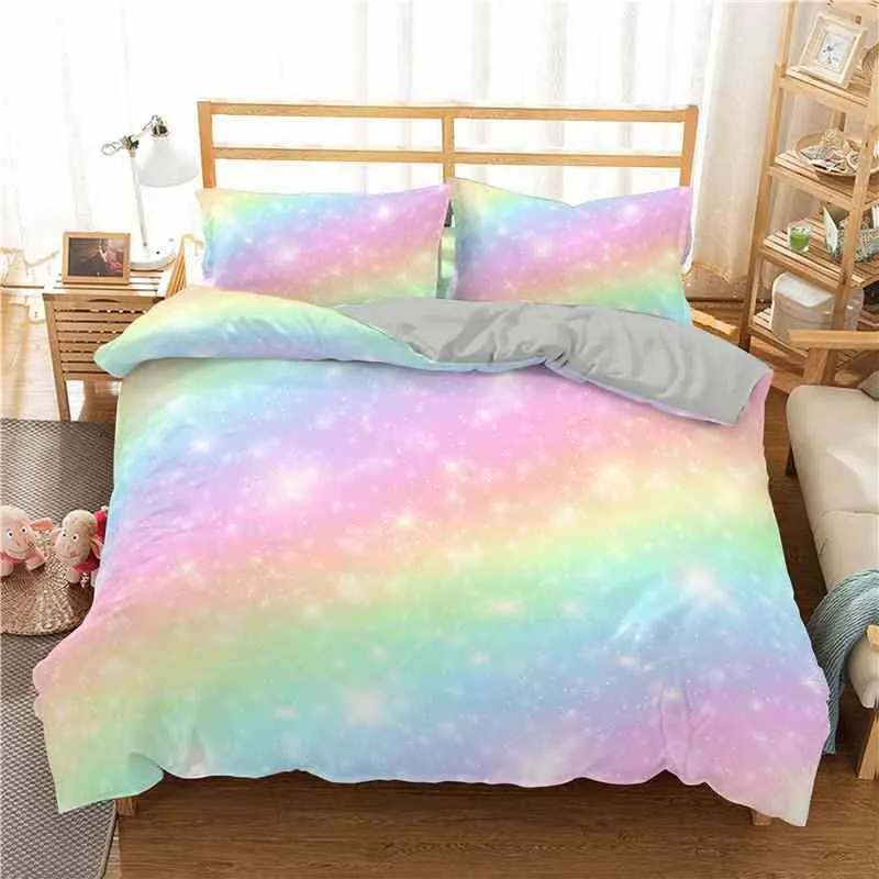 Rainbow duvet omslag för flickor stjärna sängkläder girly glitter dubbel drottning king size mjuk och bekväm täcke