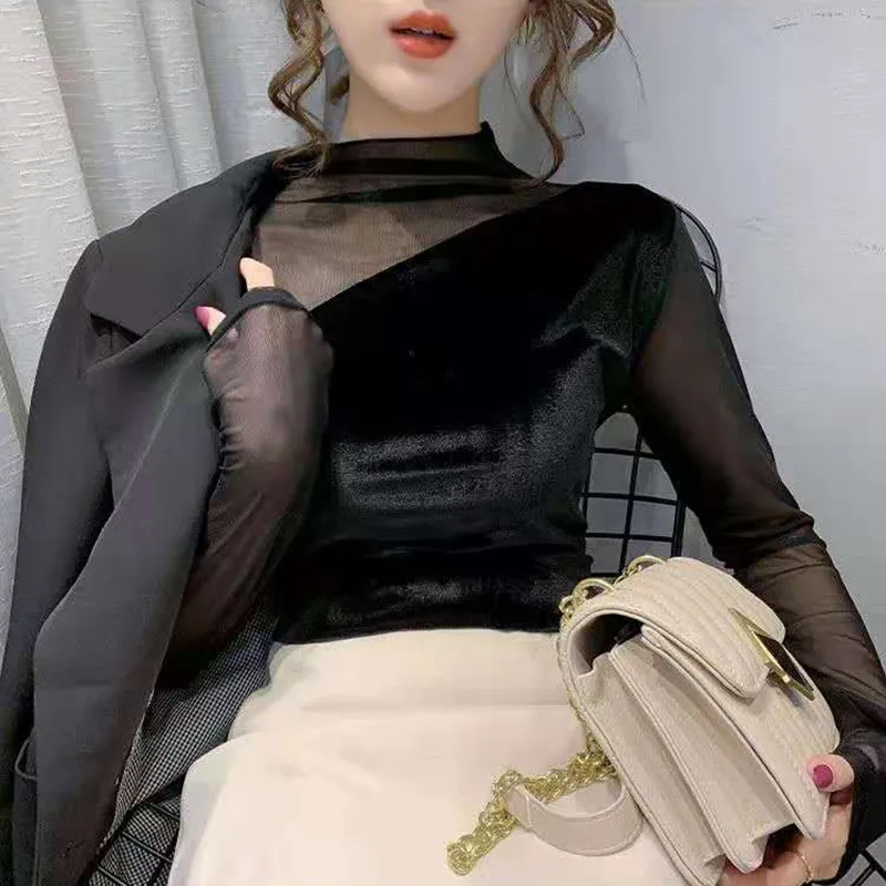 Lucyever Velvet Blouse Tops Mesh Patchwork Long Sleeve Shirts Women Elegant Slim Fit Tshirts 여성 220527
