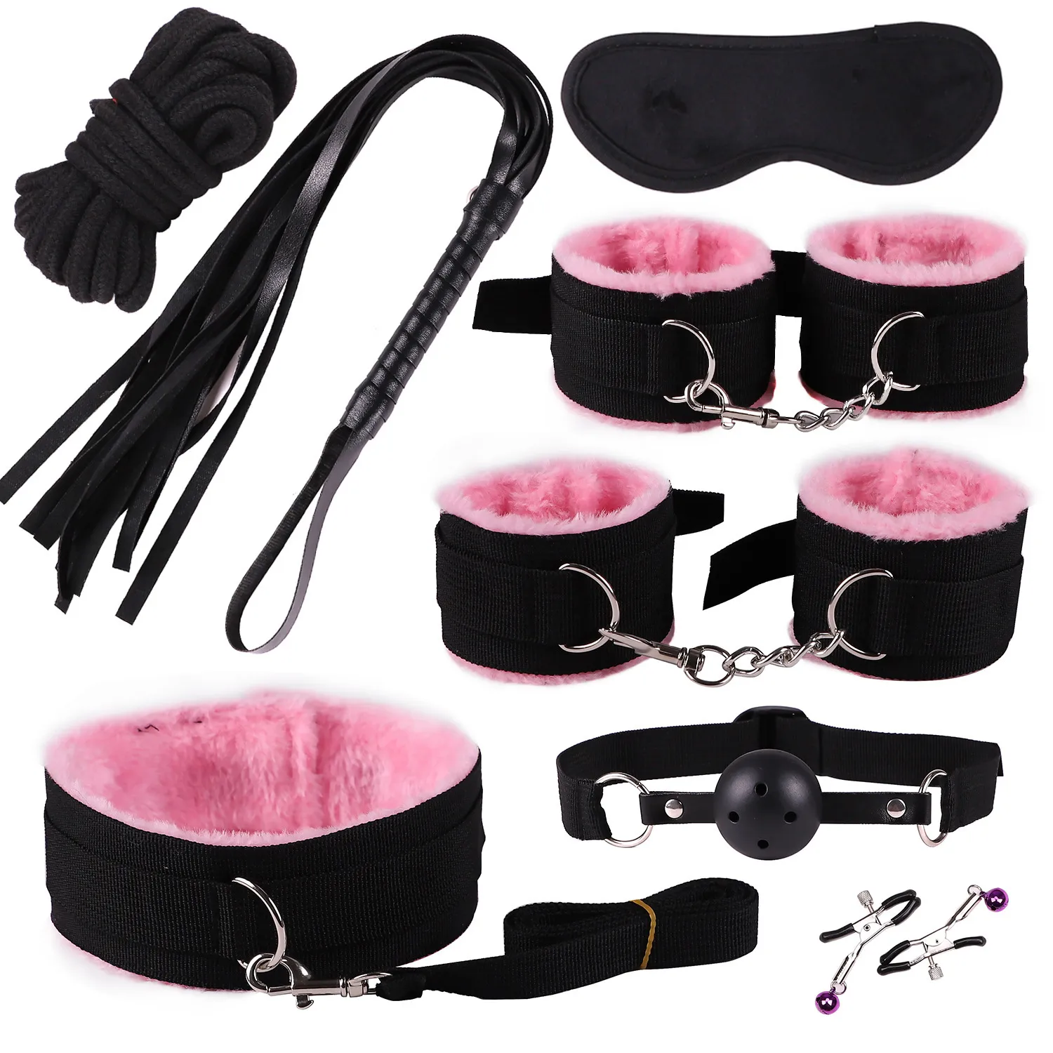 Kit de bondage BDSM 8 pièces/ensemble, menottes, pinces à tétons, boule Gag, fouet, corde en coton, jouets sexy pour Couples, masque pour les yeux, collier de cou