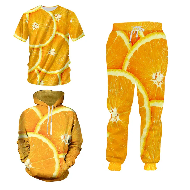 CJWI Casual 3D DIY Fruits Pastèque Banane Orange Ananas Sweat Pantalon 3 Pièce Ensemble À Capuche Veste Pull Survêtement Personnalisé 220714