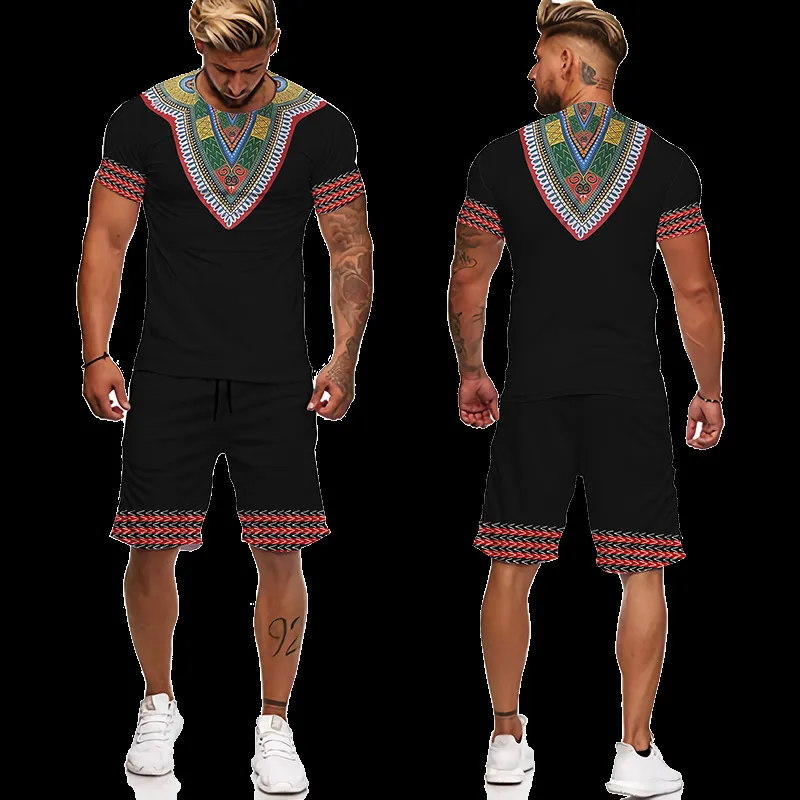 African Clothes For Men 3D Printed Ethnic Style T-Shirt Set Vintage Casual T-Shirt Shorts Oversized Suit Tracksuit 220622