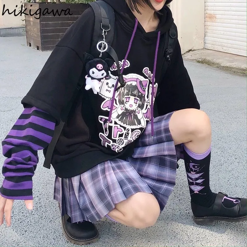 Hikigawa hoodie falska tvådelar huva tröja randiga lapptäcke hoodies kvinnor kläder för tonåringar y2k anime harajuku svarta toppar 220817