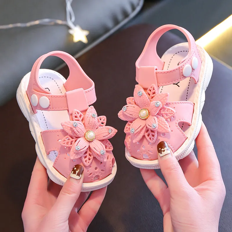 Sweet Princess Sandals Summer Kids Fashion Covered Toes Soft Girl Pink Flower Children Snap Button Flat Casual Non-slip 220708