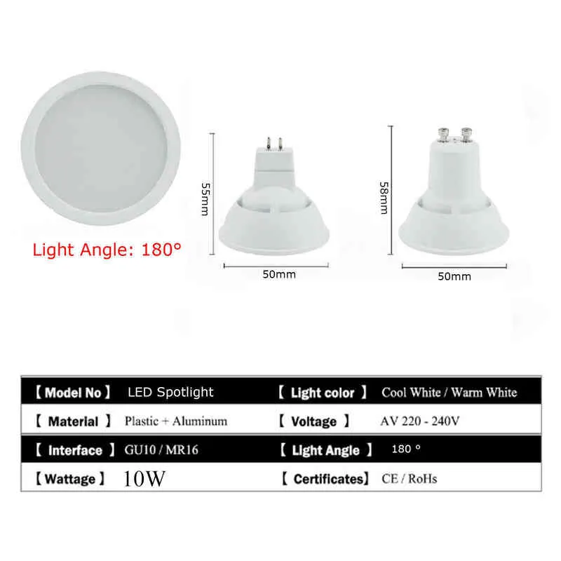 Dimmbare LED-Strahler mit 180° Grad breitem Strahl, Acryl + Aluminium, 10 W, GU10, MR16, 220 V, 230 V, 240 V, Schlafzimmer-Tischlampen, weißer Spot H220428