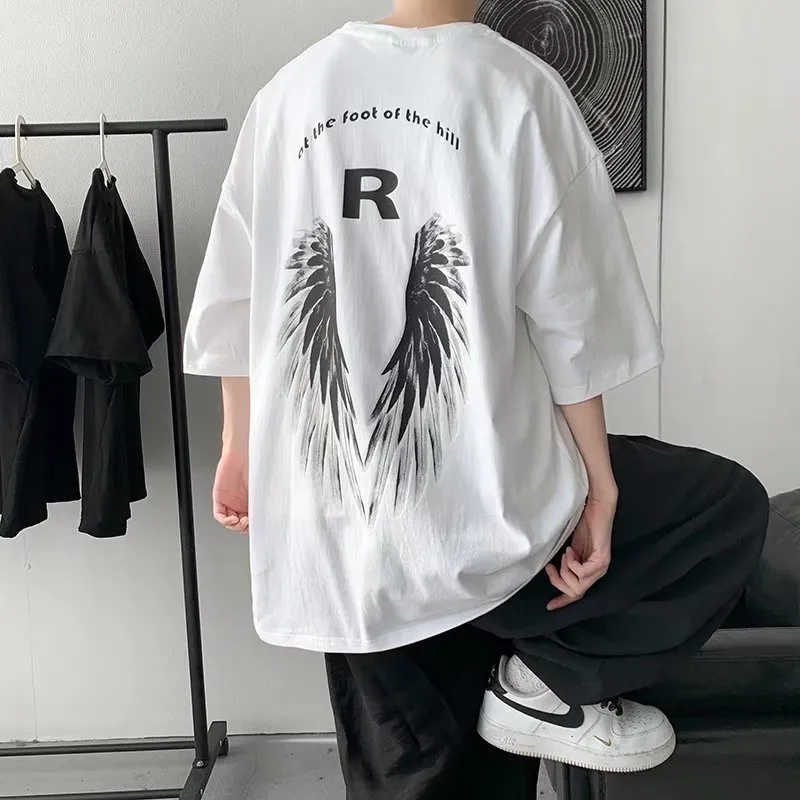 Harajuku Wings Graffiti Printed T-Shirt Men Women Thread Musticle Summer White White Eversive Tert Shirt Shirt Streetwear 0615