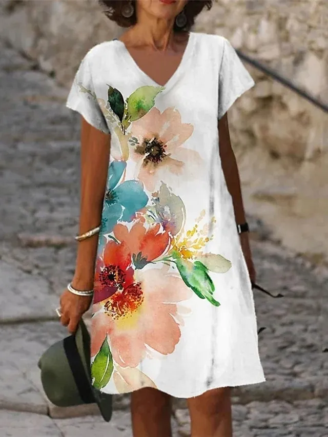 Summer Elegant Women s Floral Theme Printed målningsklänningar Knälängd V Neck Lossa Casual Dress Plus Size Design 220521