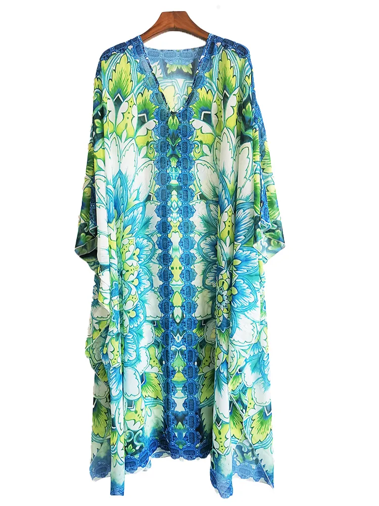 Över storlek Bohemian Dress Chiffon Beach Cover Up V Neck Leopard Print Beachwear Summer Robe Plage Swimsuit 220408