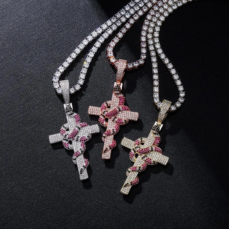 Pendant Necklaces Hip Hop Cubica Zirconia Stone Setting Bling Iced Out Animal Snake Cross Pendants Necklace For Men Women Rapper J254p