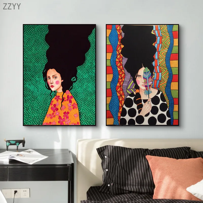 The Long Hair Woman Girl Portrait Art Canvas schilderen kleurrijk meisje met bloemwand kunst poster abstract foto kamer huisdecor
