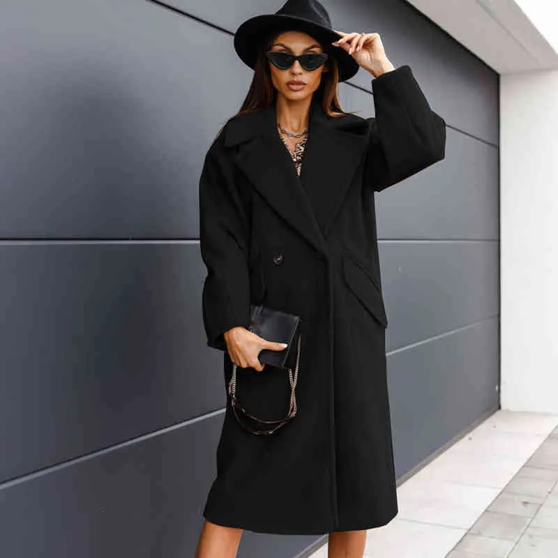 Women Clothing Autumn Winter Solid Long Wool Coats 2022 New Fashion Turn-down Collar Pocket Buttos Casual Woolen Cloth Overcoat T220714