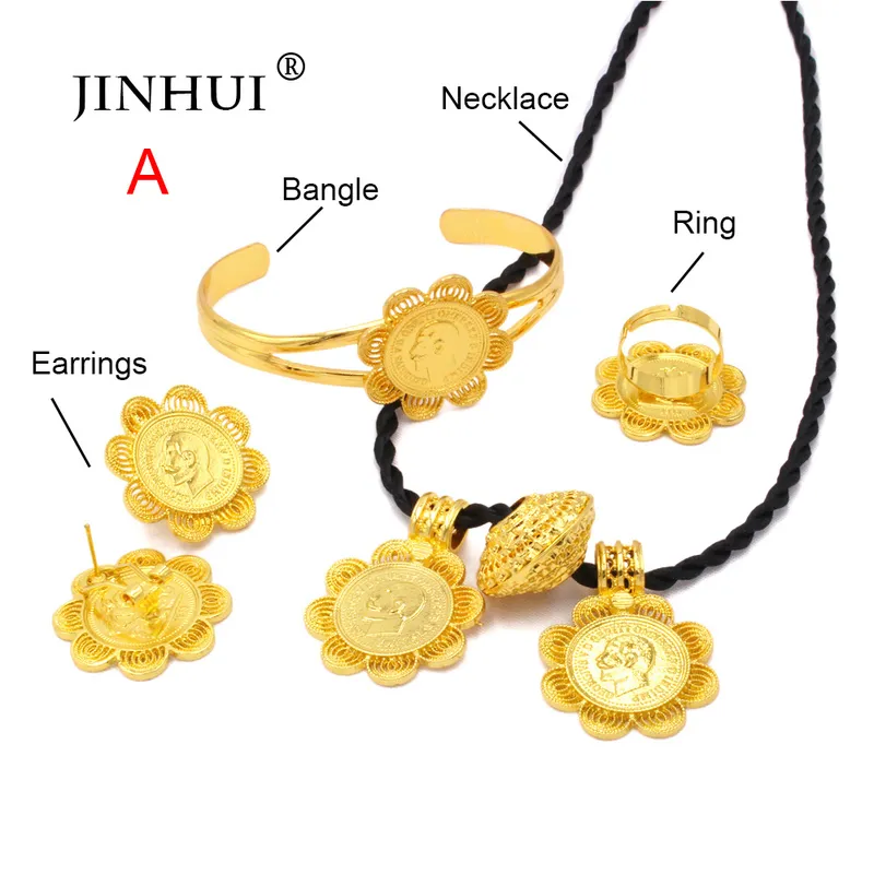 Ethiopian gold jewelry sets 24k Big Coin Pendant Necklace Earring Ring Dubai gifts for women African Eritrea wedding bridal set 220716