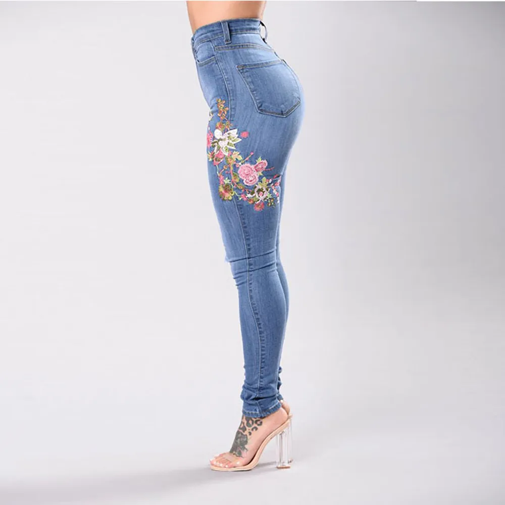 Stretch Embroidered Jeans Y2k Women Elastic Flower Jeans Female Slim Denim Pants Hole Ripped Rose Pattern Jeans Pantalon Femme