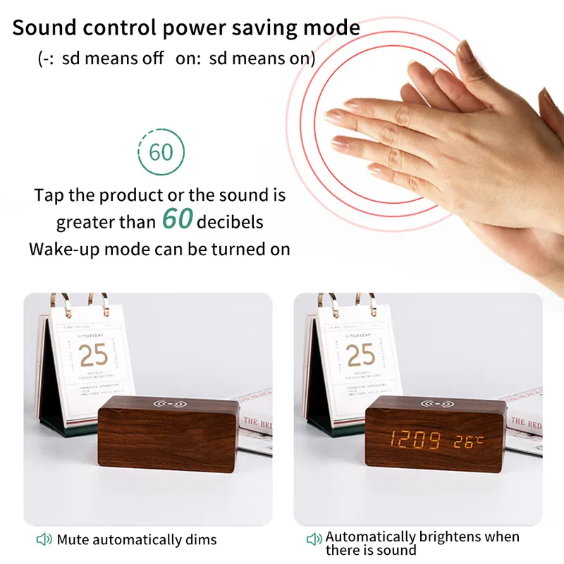 Modern Wooden Wood Digital LED Desk Alarm Clock Thermometer Wireless Charger With Qi Charging Pad 220426