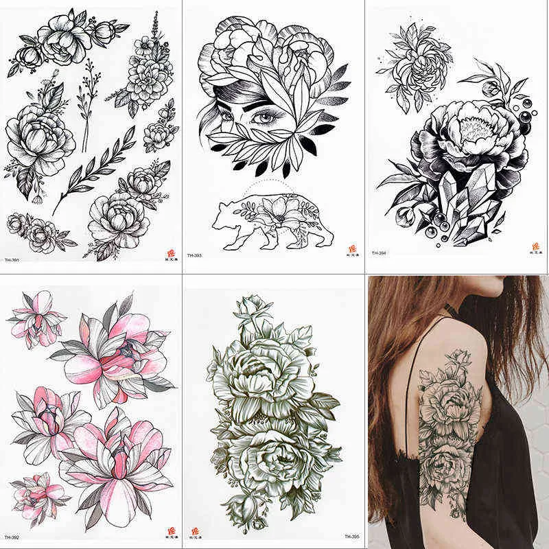 NXY Temporary Tattoo Waterproof Sticker Lotus Rose Pattern Water Transfer under Breast Shoulder Flower Body Art Fake Tatoo 0330