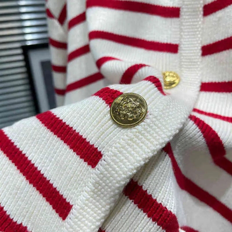 유명인 스타일 빨간색과 흰색 줄무늬 라운드 목 금 버튼 긴 슬리브 니트 카디건 두꺼운 스웨터 재킷 짧은