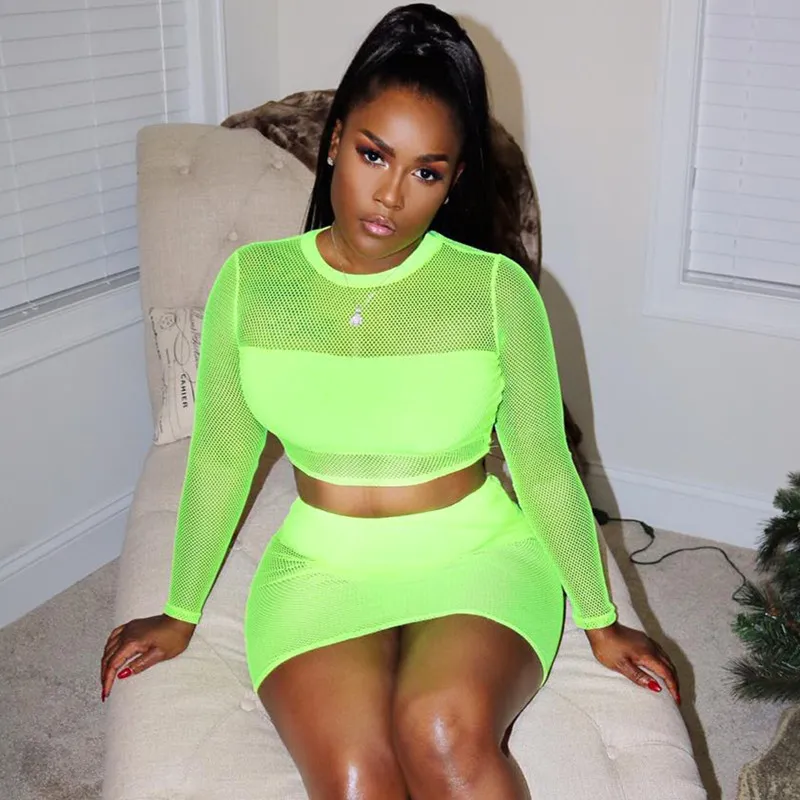 Bkld Fashion Neon Green Women Sets с длинным рукавом Seethrough Crop Tops с мини -юбкой Bodycon 2 две части сексуальные клубные наряды 220606