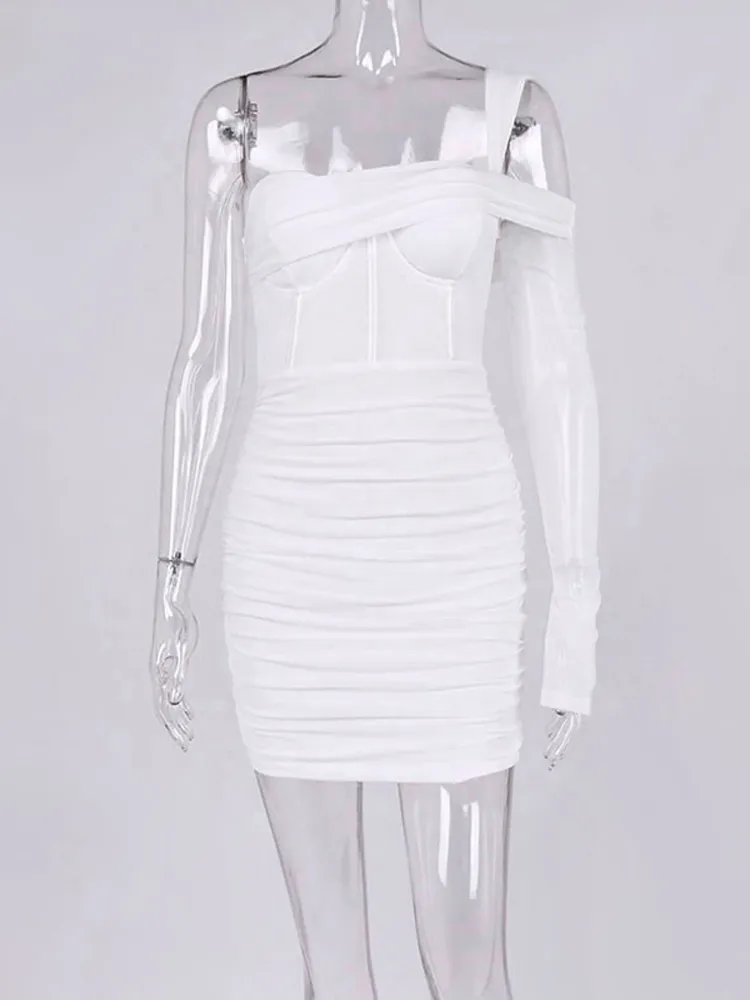 Asia Mesh Corset Dress Cut Up Bone Patded Zipper 2 -laags Asymmetrische Mini Bodycon -jurk met één mouw sexy vrouw Vestidos 220511