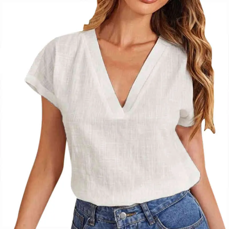 2022 Summer Woman Shirts New Cotton Linen Women V-ringen fast färg Kort ärmskjorta Kvinnor Solid Bluses Damer Kvinnor Kläder L220705