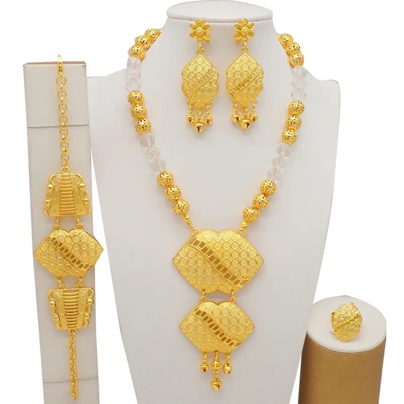 Luxury Dubai Gold Color Sets African Indian Ethiopia Bridal Wedding Gifts Party For Women Necklace Earrings Jewelry Set 220810