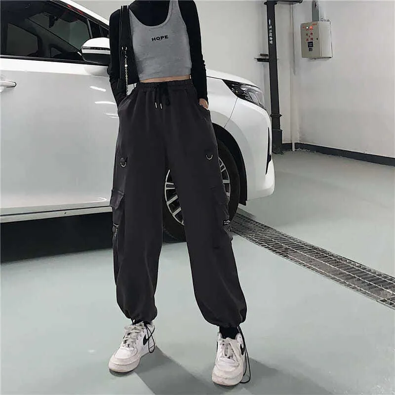 Houzhou Techwear Black Cargo Pant Hippie Streetwear Punk Hoge Taille Koreaanse Stijl Oversized Broek Vrouwelijke Joggingbroek 220325