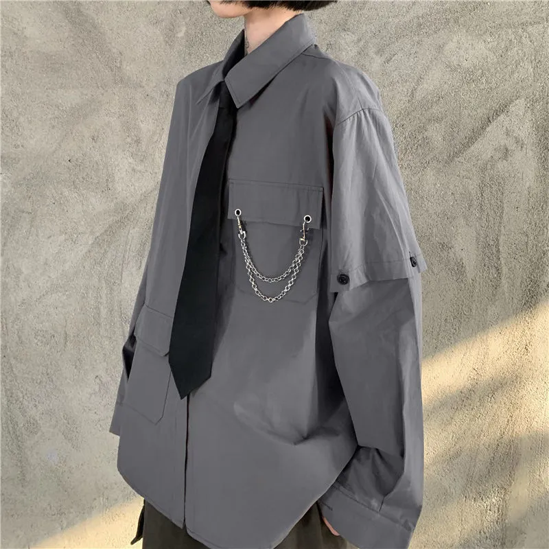 HOUZHOU Gray Shirts Women Harajuku Detachable Sleeve Oversized Bf Gothic Blouse with Tie Vintage Streetwear Punk Autumn Shirt 220407