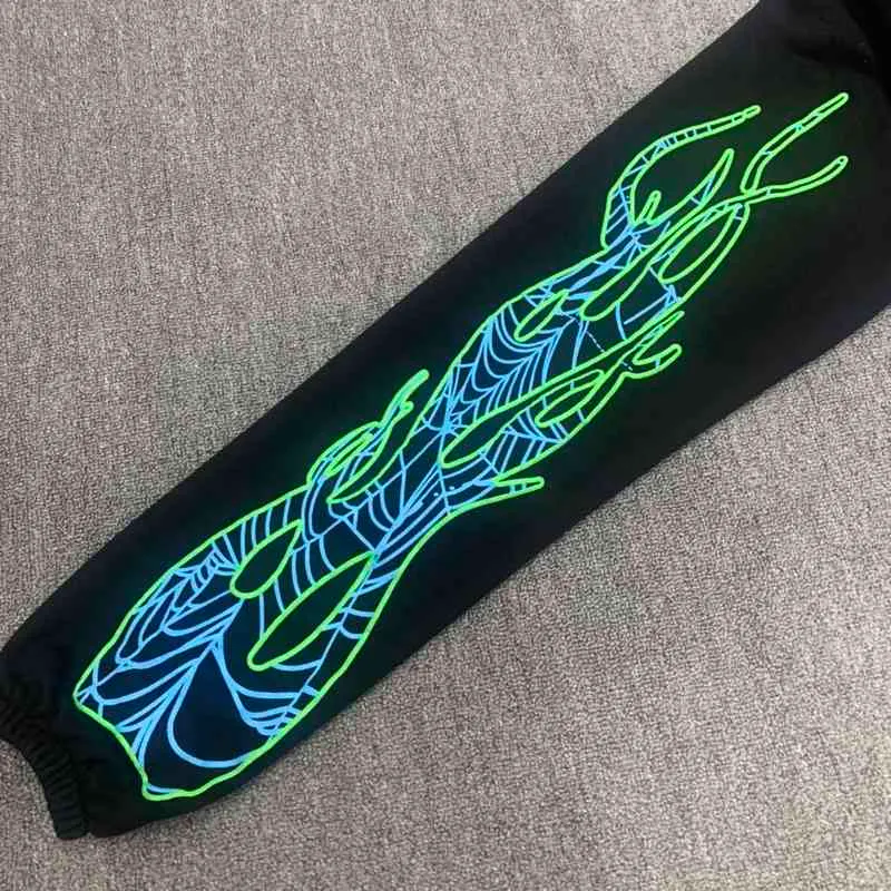 2021 555555 Sweatpants Men Women Fluorescent Green Spider Web Graphic Flame Print  555555 Pants Joggers Trousers