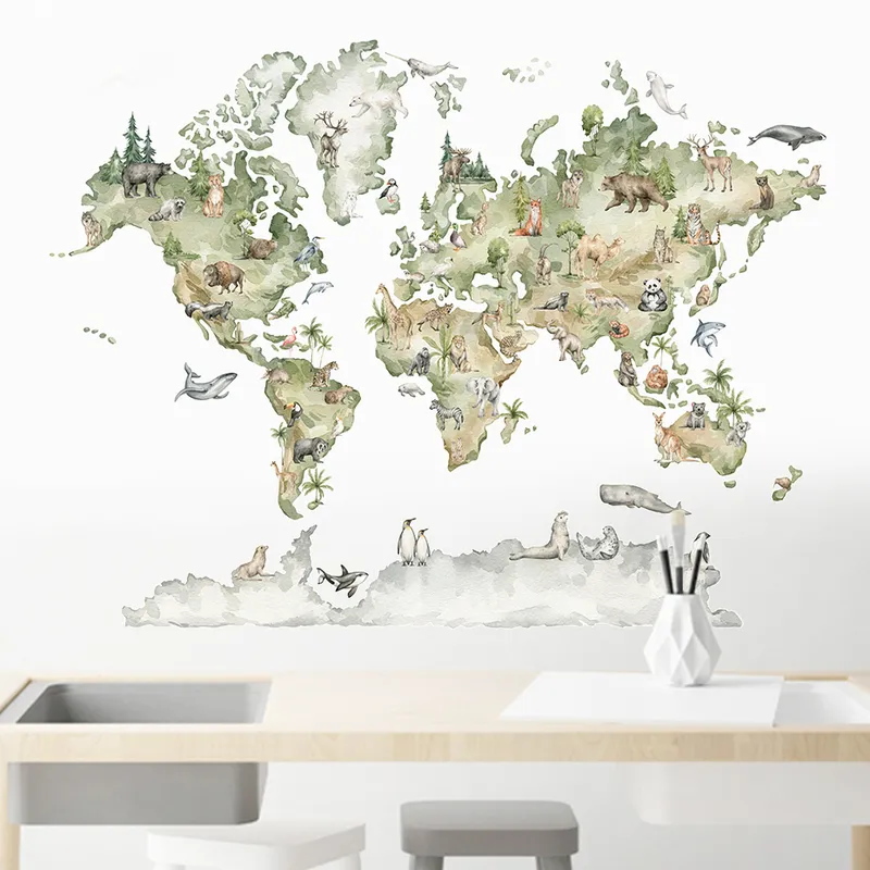 Watercolor World Map Animals Wildlife Wall Stickers Removable Vinyl Wall Decals Print Kids Room Playroom Interior Home Decor 220613